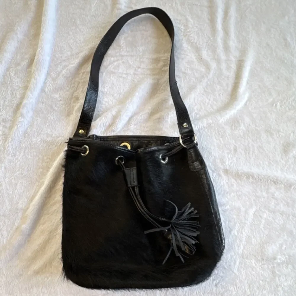 Glenda Gies‎ Black Shoulder Bag Tassel Drawstring Hair Fur
